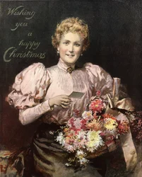 Mujer sosteniendo un ramo de flores, con la leyenda, Deseándote una feliz Navidad