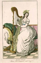 Mujer con Vestido de París y Sombrero de Paja Adornado con Crepé Tocando el Arpa, ilustración de la 