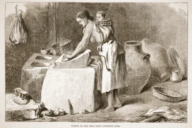Mujer de la Costa Oeste moliendo maíz, ilustración de The Pictorial Edition of the Life and Discoveries of David Livingstone por J. Ewing Richie, pub. por A. Fullarton & Co., 1876