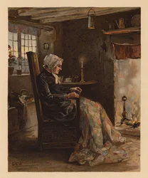 Mujer cosiendo una colcha de retazos (cromolito)