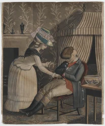 Mujer robando una bolsa de medias y un reloj de bolsillo a un hombre dormido, c.1790