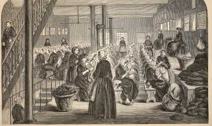 Sala de trabajo, en el sistema silencioso, en la Casa de Corrección, Tothill Fields, ilustración de Las prisiones criminales de Londres y escenas de la vida en prisión de Henry Mayhew y John Binny, pub. 1862