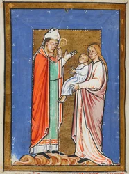 Yates Thompson 26 f.62v San Cuthbert curando a un niño con la peste, ilustración de la "Vida en prosa de San Cuthbert", de Bede (vitela)