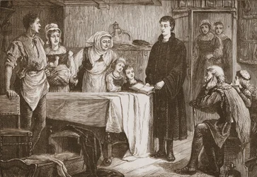 Joven Calvino exponiendo la Biblia a una familia en Bourges, ilustración de La Historia del Protestantismo de James Aitken Wylie, pub. 1878
