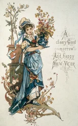 Niña en azul para desearte una muy feliz Navidad y Año Nuevo, c.1900