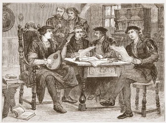 Zwingle entre sus amigos, ilustración de La Historia del Protestantismo de James Aitken Wylie, pub. 1878