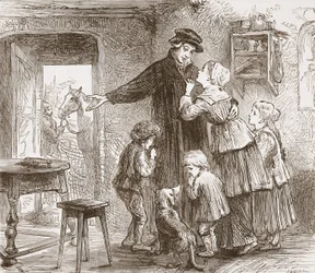 Zwingle partiendo para unirse al ejército, ilustración de La Historia del Protestantismo de James Aitken Wylie, pub. 1878