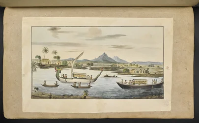f.75 (lámina 86) Escena fluvial en Java con botes, incluido un bote con cabeza de dragón