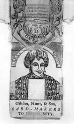 Envoltura de carta de juego del Gran Mogol, hecha por Gibson, Hunt, & Sons, fabricantes de cartas para su Majestad
