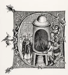 Inicial historiada C de Divinorum Officiorum por William Durand, ilustración de Ciencia y Literatura en la Edad Media y el Renacimiento, escrito y grabado por Paul Lacroix, 1878