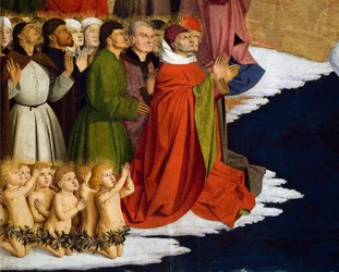 Bautizando a hombres y niños, detalle del Retablo de la Coronación de la Virgen