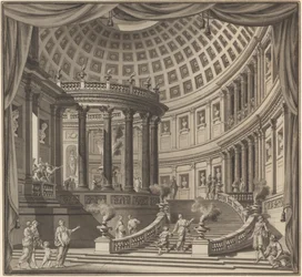 Diseño para una cortina de escenario: El interior de un templo elaborado dedicado a hombres ilustres