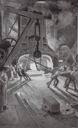 El martillo de vapor de 40 toneladas trabajando en el Arsenal de Woolwich (litografía)