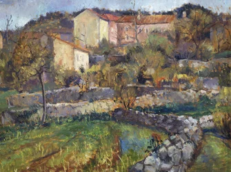 Pueblo en el Karst, de Enrico Fonda (1892-1929), óleo sobre cartón, 69x89 cm. Italia, siglo XX.