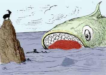 Ilustración del cuento «Pinocho» de Carlo Collodi. Un enorme pez está a punto de comerse a Pinocho. Ilustración de Enrico Mazzanti (1852-1910) para la edición de 1883.