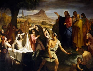 Resurrección de la viuda del hijo de Naim, de Enrico Pollastrini (1817-1876), Iglesia de Santa María del Socorro, Livorno, Toscana, Italia