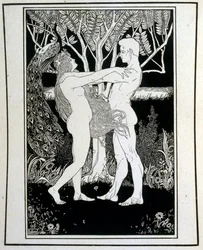 Adán y Eva (inocencia), del libro Judah ilustrado por Ephraim Moses Lilien (1874-1925). Lilien es considerado el padre de la iconografía sionista, creado en el estilo Jugendstil (art nouveau alemán). Ilustró 