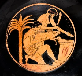 Cuenco con barniz negro y figuras rojas: escena de sacrificio