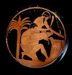 Arte griego: copa con figuras rojas en cerámica, medallón: sacrificio de un cerdo en un altar durante un rito religioso. Hecho por el pintor de Epidromos. 500 a.C. París, Museo del Louvre