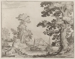 Paisaje y Río con Barcos Anclados