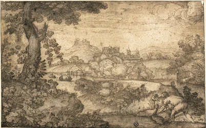 Paisaje con figuras atando trigo en primer plano