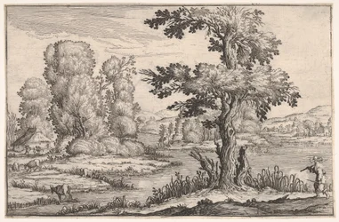 Paisaje con cabras pastando cerca de un río y una figura en primer plano a la derecha, de una serie, 1638
