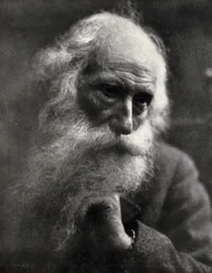 Primer plano del famoso escultor Vincenzo Gemito. El anciano artista acaricia su espesa barba blanca