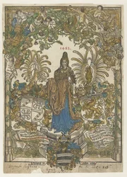 Frontispicios con una mujer sobre un pedestal con armas de Bernhard von Breydenbach y Johannes Comes in a frame
