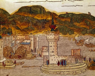 Vista del puerto de Candie (actual Heraklion) en Creta. Página del libro de viajes “peregrinatio in terram sanctam” después de la peregrinación a Tierra Santa de Bernard de Breydenbach (Breidenbach) (1454-1497) ilustrado con grabados de Erhard Reuwich
