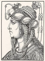 "Retrato de la sultana Roxelane (Russelazie (la rutena), o Hurrem (de soltera Anastasia Lisovska, ca. 1500-1558) esposa del sultán Solimán el Magnífico" Grabado en madera de Erhard Schoen (1491-1592) ca. 1532 Herzogliches Museum Gotha