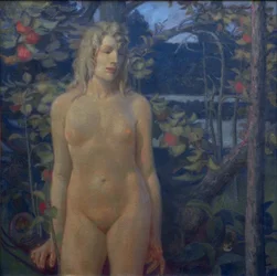 Desnudo femenino de pie en paisaje