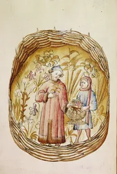 Un farmacéutico y su ayudante recogen hierbas y raíces en un jardín de hierbas, c.1380-1400