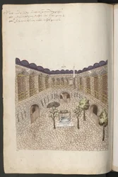 Edificios de Constantinopla: patio interior de un gran caravasar con árboles, un pozo y entradas laterales a los establos.