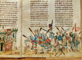 Caballeros al mando del emperador bizantino Heraclio, hacia 1350-1350 (iluminación sobre pergamino)