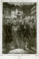 Lectura de la Constitución del emperador Fernando en la plaza Michaeler, frente al Palacio Imperial.