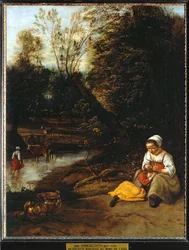 Mujer despiojando a una niña junto al agua ...