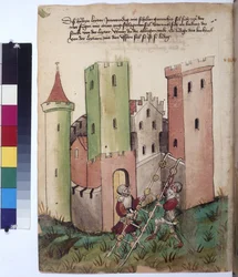 Página entera: castillo e instrucciones de uso de una escalera con peldaños con ruedas, c.1430 (dibujo a pluma de color)