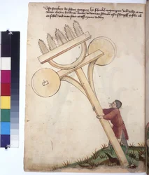 A toda página: carro con hojas de sierra en la parte delantera, c.1430 (dibujo a pluma de color)