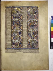 A toda página: ocho medallones que encierran miniaturas acompañadas de un texto explicativo, c.1225-1250 (temple sobre pergamino)