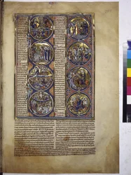 A toda página: ocho medallones que encierran miniaturas acompañadas de un texto explicativo, c.1225-1250 (temple sobre pergamino)