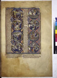 A toda página: ocho medallones que encierran miniaturas acompañadas de un texto explicativo, c.1225-1250 (temple sobre pergamino)
