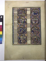 A toda página: ocho medallones que encierran miniaturas y van acompañados de un texto explicativo, c.1225-1250 (temple sobre pergamino)