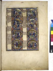 A toda página: ocho medallones que encierran miniaturas y van acompañados de texto, c.1225-1250 (temple sobre pergamino)