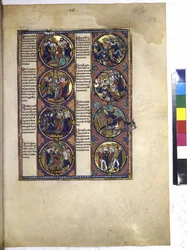 A toda página: ocho medallones que encierran miniaturas y van acompañados de texto, c.1225-1250 (temple sobre pergamino)