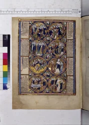 A toda página: ocho medallones que encierran miniaturas y van acompañados de texto, c.1225-1250 (pintura al temple)
