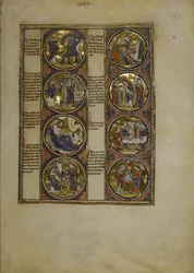 A toda página: ocho medallones que encierran miniaturas y van acompañados de texto, c.1225-1250 (pintura al temple)