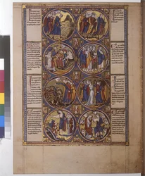 Página completa: ocho medallones con miniaturas, la hermana de Aarón, bailando con un timbal en la mano), c.1225-1250 (pintura al temple)