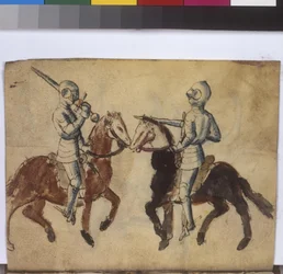 Página completa: escena de esgrima a caballo, mediados del siglo XV (dibujo a pluma y pincel)