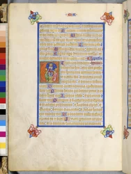 A toda página: texto enmarcado con "E" inicial historiada: Cristo envía a los Doce