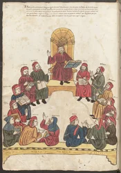 Página completa: miniatura: Avicena y los médicos en discusión (miniatura)